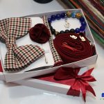 Burgandy checked butterfly bow tie/pocket square/Rose lapel pin/Suspenders/Bracelet gift set package