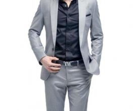 grey suit with black shirt
