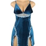 Blue Velour Embroidery Nightdress With G String