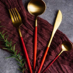 24 Piece Red And Gold Cutlery Set