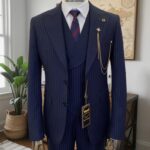 Striped 3 Piece Blue Mens Suit