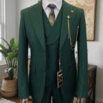 Dark Green Striped Three Piece Suit